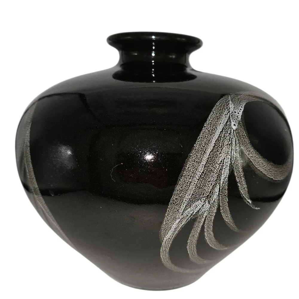 Black Ceramic Vase with Abstract White Design Elegant‎ Home Decor Accent Piece